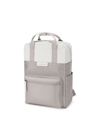 Zaino grigio chiaro con parte superiore bianca opaca, manici doppi, tasca frontale con zip e design minimalista, realizzato in tessuto resistente.