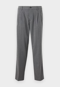 Pantaloni in misto lana grigi con righe verticali, dotati di vita piatta, tasche laterali e chiusura con bottone. Vestibilità su misura con gamba dritta.