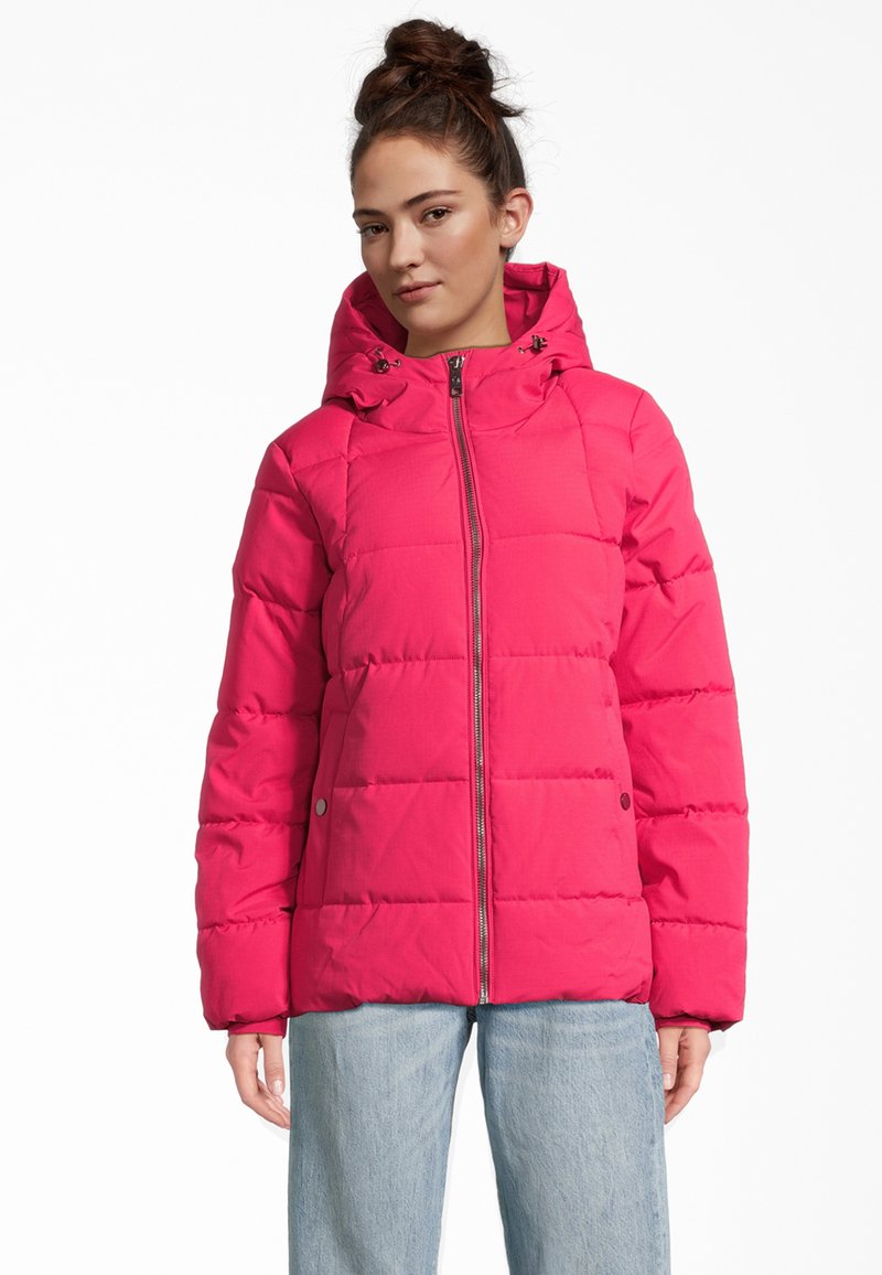 Helle pinke Daunenjacke mit Reißverschluss vorne, Kapuze und gesteppten Abschnitten. Verfügt über silberne Hardware und Druckknöpfe an den Seitentaschen. Strukturierter Stoff.