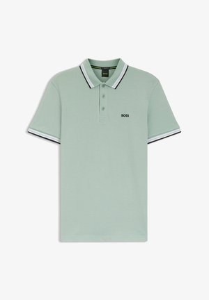 Mint green polo shirt with a textured fabric, three-button placket, and contrasting black and white striped accents on the collar and sleeves.