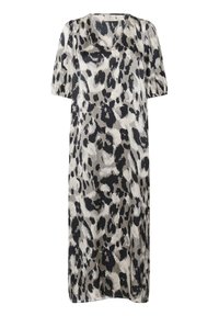 Leopard print dress featuring a V-neck, short puff sleeves, flowing silhouette, and a combination of black, grey, and beige colors.