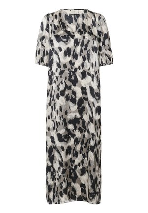 Sukienka w panterkę z dekoltem w kształcie litery V, krótkimi bufiastymi rękawami, zwiewną sylwetką oraz połączeniem kolorów czarnego, szarego i beżowego.