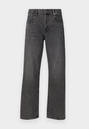 Schwarze Jeans aus Denim mit einem geraden Bein-Design, ausgestattet mit einem klassischen Fünf-Taschen-Stil und sichtbaren Nähten entlang der Nähte.