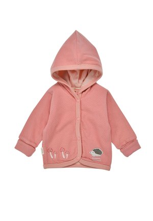 Rosa strukturierte Jacke mit Kapuze und Knopfverschluss. Verziert mit Stickereien von Pilzen und Igeln. Weiches, gemütliches Material.