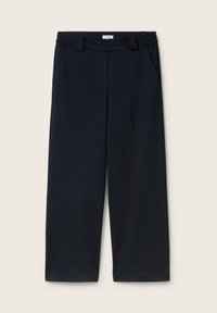 Navy wijde pantalon met een gladde textuur, voorzien van een flexibele tailleband, zijzakken en riemlussen voor een verstelbare pasvorm.