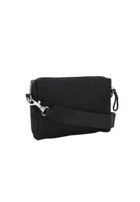 Borsa a tracolla nera in nylon con chiusura a zip, tracolla regolabile in tessuto e robusto gancio in metallo. Texture liscia e forma rettangolare compatta.
