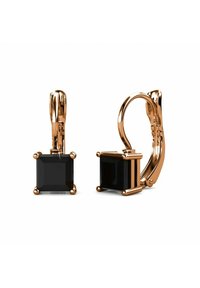 Ohrringe mit goldfarbener Hebelverschluss bestehen aus schwarzen quadratischen Edelsteinen, die mit vier Krappen gefasst sind. Glatte Metalloberfläche mit polierter Oberfläche.