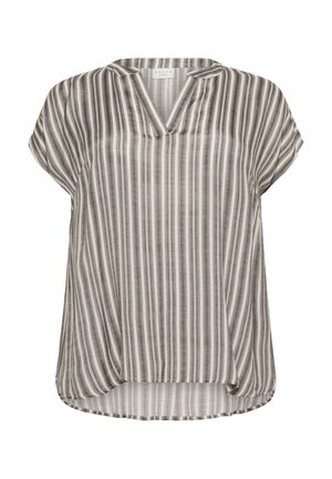 Blusa de manga corta a rayas en tonos de gris y blanco, con escote en V y un dobladillo asimétrico, confeccionada en una tela ligera.