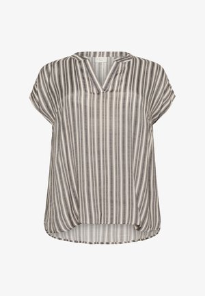 Prúhovaná blúzka s krátkym rukávom v odtieňoch šedej a bielej, s výstrihom do V a asymetrickým lemom, vyrobená z ľahkého materiálu.