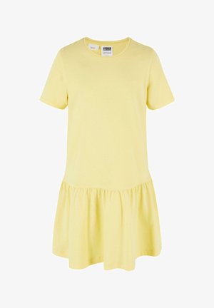 Kratka rumena obleka s kratkimi rokavi, narejena iz mehke bombažne tkanine, ki ima razširjen rob z volančkom in okroglo ovratnico. Oznaka vidna znotraj.