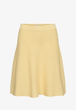 Fustă tip A galben deschis, cu talie ajustată și material ușor texturat, care ajunge deasupra genunchiului.