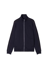 Giacca sportiva con zip navy in misto cotone, caratterizzata da cuciture arancioni a contrasto, colletto alto e due tasche laterali.