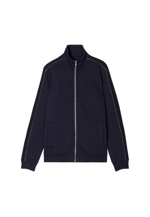 Marineblaues Sportjackett mit Reißverschluss aus Baumwollmischung, mit kontrastierenden orangefarbenen Nähten, hohem Kragen und zwei Seitentaschen.