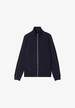 Granatowa sportowa kurtka na zamek, wykonana z mieszanki bawełny, z kontrastującymi pomarańczowymi przeszyciami, wysokim kołnierzem i dwoma bocznymi kieszeniami.