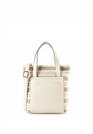 Beige-wit gestreepte draagtas met twee handgrepen, voorvak en verstelbare schouderriem.