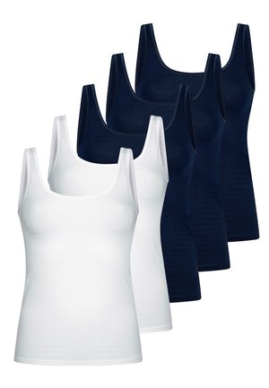 Vijf mouwloze tanktops, drie donkerblauwe en twee witte, gerangschikt in een verspringende rij tegen een witte achtergrond.
