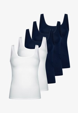 Cinq débardeurs sans manches, trois bleu foncé et deux blancs, disposés en rang décalé sur fond blanc.