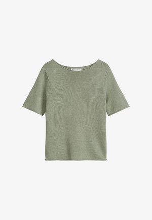 Haut en maille vert olive clair à manches courtes, col rond et ourlet droit, étiqueté Marc O'Polo.