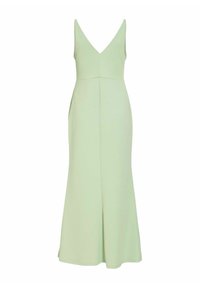 Robe maxi sans manches vert clair avec décolleté en V et taille cintrée, s'étendant doucement jusqu'à l'ourlet.