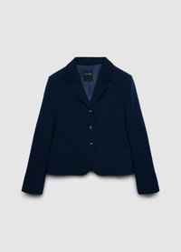 Marineblauer Blazer aus glattem Stoff, mit einem Reverskragen, fünf Messingknöpfen und zwei Fronttaschen. Taillierter Schnitt mit langen Ärmeln.