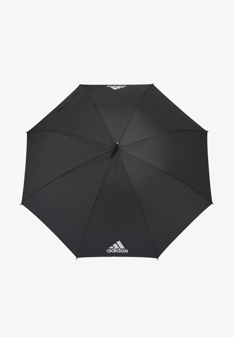 Black umbrella with a smooth fabric canopy, eight ribs, and a central handle. Features a white Adidas logo on one panel.