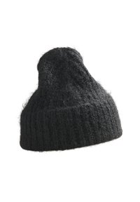 Schwarze gerippte Strickmütze aus weichem, flauschigem Material; präsentiert sich in einer lässigen Silhouette mit einer leicht verjüngten Spitze.