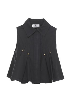 Blusa nera senza maniche con ampio colletto appuntito, pieghe verticali e bottoni dorati decorativi sul pannello frontale.
