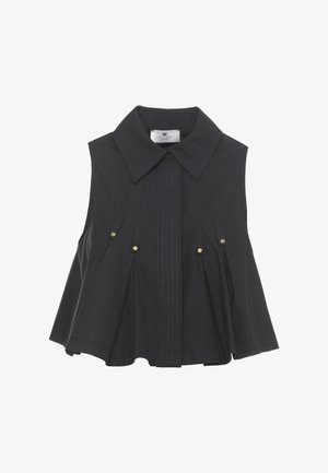 Blusa nera senza maniche con ampio colletto appuntito, pieghe verticali e bottoni dorati decorativi sul pannello frontale.