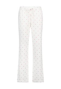 White pajama pants with a drawstring waist, featuring a repeat pattern of small red hearts, straight leg design, and soft fabric texture.