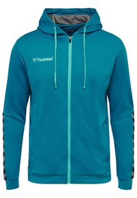 Teal zip-up hættejakke med grå indvendig foring, snoretræk og tekstureret overflade. Har sort og hvid stribede detaljer på ærmerne.
