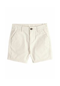 Short beige en coton avec un devant plat, deux poches latérales et une fermeture à bouton unique à la taille. Comprend des ourlets de jambes droits et nets.