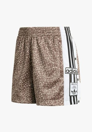 Shorts marroni con stampa a motivo giraffa, vita elasticizzata, pannello laterale bianco con strisce nere Adidas, logo e bottoni a pressione.