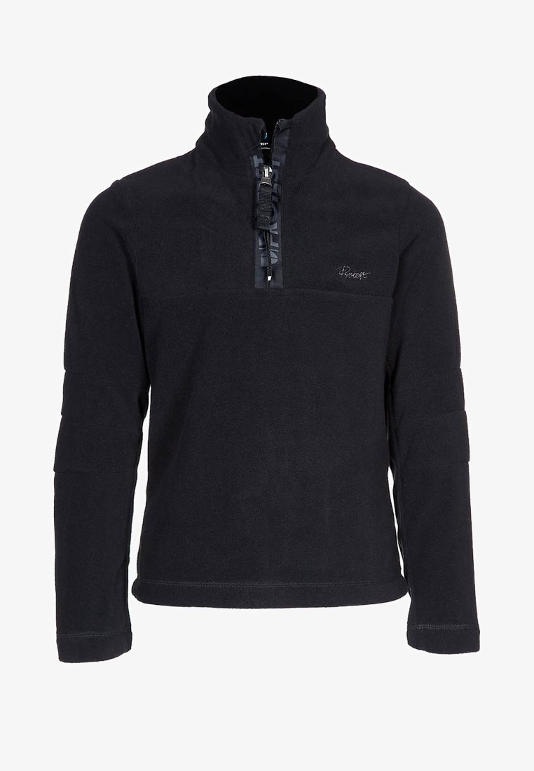 Polaire noire à manches longues avec demi-fermeture éclair et col montant, ornée d'une petite broderie de logo sur la poitrine gauche.
