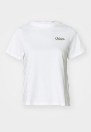 T-shirt en coton blanc avec un col rond et des manches courtes. Présente un petit logo "Columbia" brodé en vert clair.