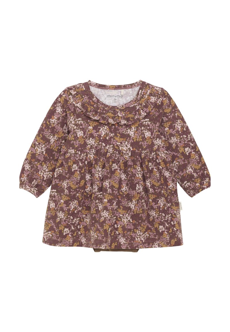 Lila blommig klänning med långa ärmar, volangkrage och samlad midja. Har rosa, gula och vita blommor mot en mörk bakgrund.