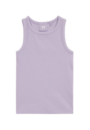 Débardeur lilas côtelé sans manches avec encolure ronde, étiquette de taille visible à l'intérieur du col.