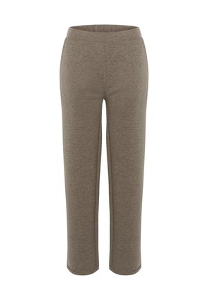 Taisnas kājas, potītes garuma brūnas bikses ar mīkstu adījumu un elastīgu jostu, izvietotas uz baltā fona.