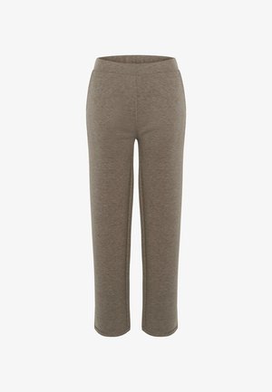 Pantalons marron droits, longueur cheville, avec une texture tricot douce et une taille élastique, présentés sur un fond blanc.