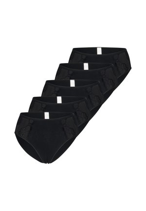 Cinque slip neri da donna con dettagli in pizzo floreale sui lati, disposti in diagonale su sfondo bianco.