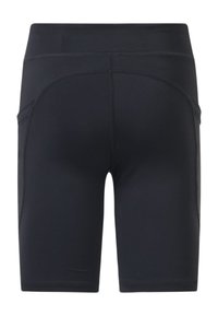 Shorts de sport noirs taille haute avec coutures plates et poches latérales, conçus pour une coupe près du corps et un usage actif.
