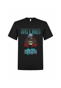 Camiseta negra con el texto "Guns N' Roses", calavera con una bandana, cabello rojo, dos rosas rojas y el diseño "Destruction 87".