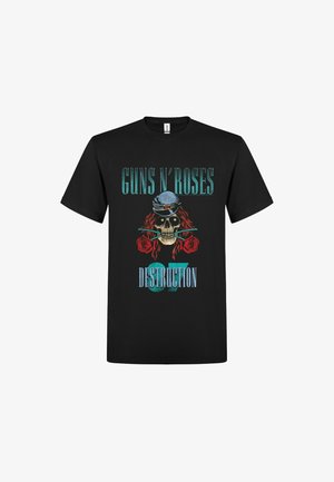 Camiseta negra con el texto "Guns N' Roses", calavera con una bandana, cabello rojo, dos rosas rojas y el diseño "Destruction 87".