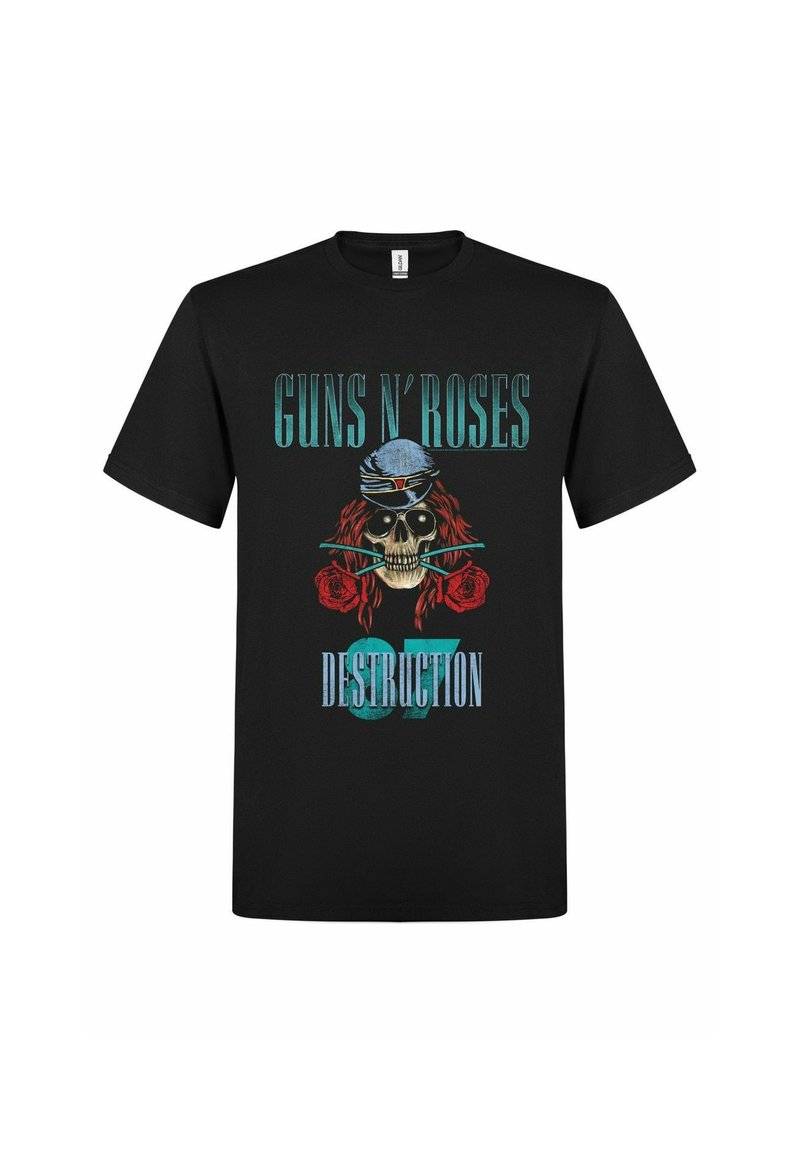 Camiseta negra con el texto "Guns N' Roses", calavera con una bandana, cabello rojo, dos rosas rojas y el diseño "Destruction 87".