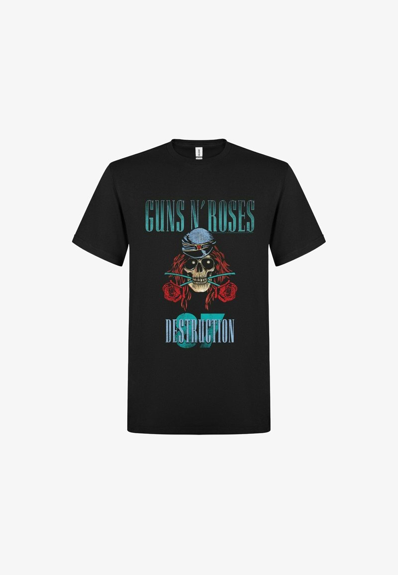 Musta T-paita, jossa on teksti "Guns N' Roses", pääkallo, joka käyttää bandanaa, punaiset hiukset, kaksi punaista ruusua ja design "Destruction 87".