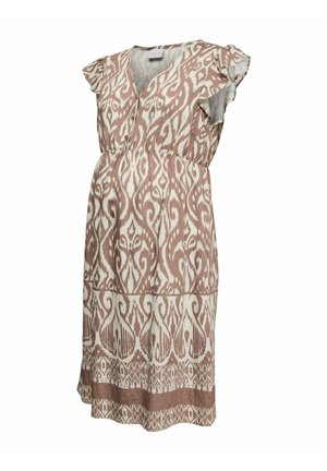 Ermeløs knelengde kjole med beige og hvitt abstrakt mønster, V-hals med knapper og rysjedetaljer på skuldrene.