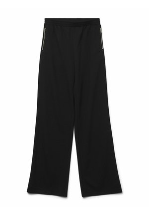 Zwarte wijde broek van zacht materiaal, met een elastische tailleband en twee ritszakken aan de zijkant. Strakke textuur, geen zichtbare patronen.