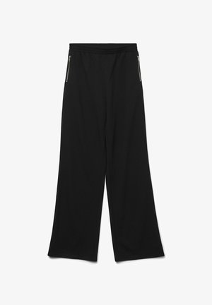 Czarne spodnie o szerokich nogawkach wykonane z miękkiego materiału, z elastycznym pasem i dwoma bocznymi kieszeniami na zamek. Gładka tekstura, brak widocznych wzorów.