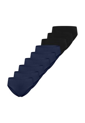 Sieben Paare schlichter, nahtloser Slips in Marineblau und Schwarz, diagonal auf einem weißen Hintergrund angeordnet.