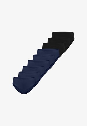Sieben Paare schlichter, nahtloser Slips in Marineblau und Schwarz, diagonal auf einem weißen Hintergrund angeordnet.