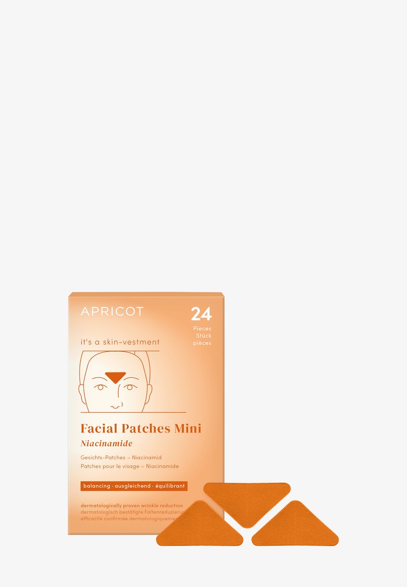 Abrikozenverpakking voor minipatches voor het gezicht. Oranje doos toont 24 driehoekige patches. Details omvatten "Niacinamide" en instructies in meerdere talen.